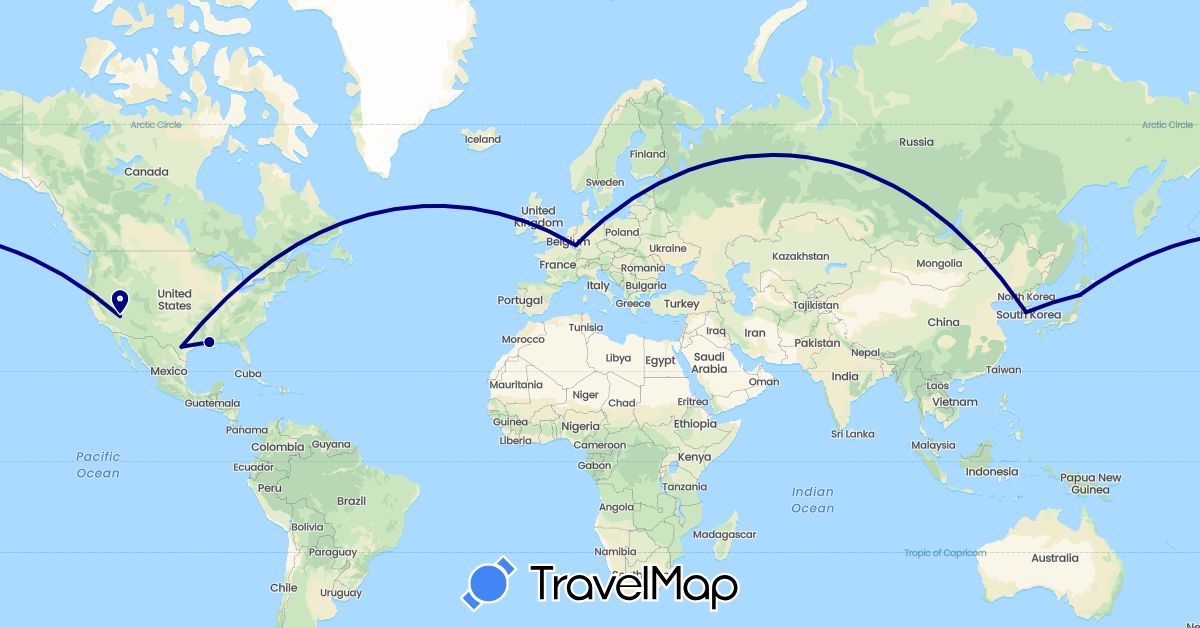 TravelMap itinerary: driving in Germany, Japan, South Korea, United States (Asia, Europe, North America)